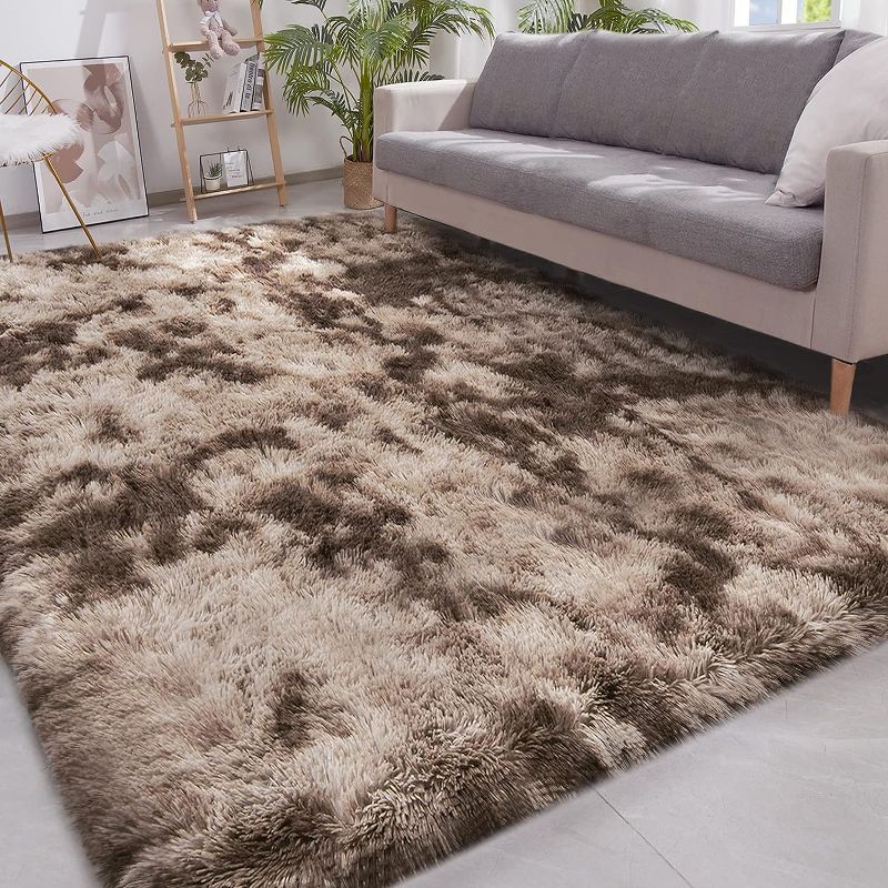 Photo 1 of  Rug for Living Room, Extra Large Fluffy Bedroom Rug, Tie-Dyed Brown Shag Furry Area Rugs for Kids Room Nursery Playroom Classroom, Shaggy Plush Carpet for Modern Home Room Decor  4X6 