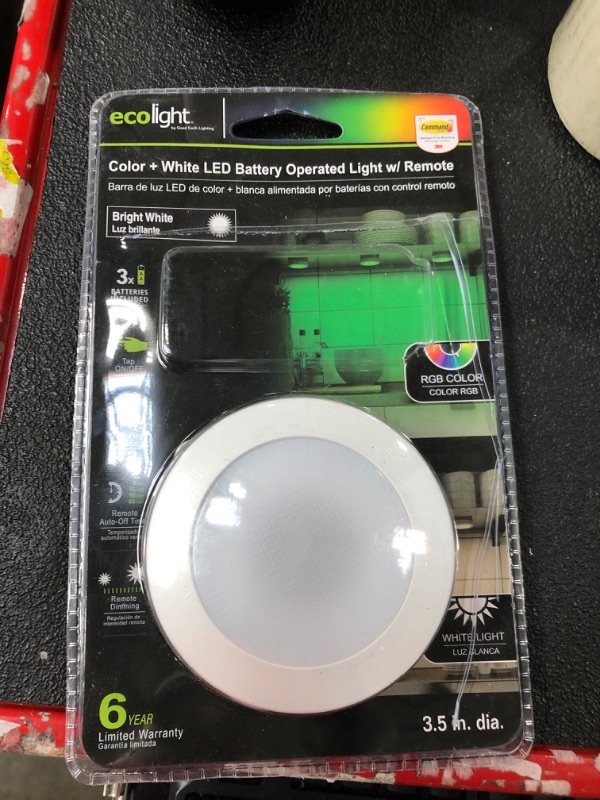 Photo 2 of **NOTES** Ecolight 3.5in Battery-Operated LED Puck Light - White, RGB and 400K White, Magnetic, Tap on/Off, auto Timer with IR Remote