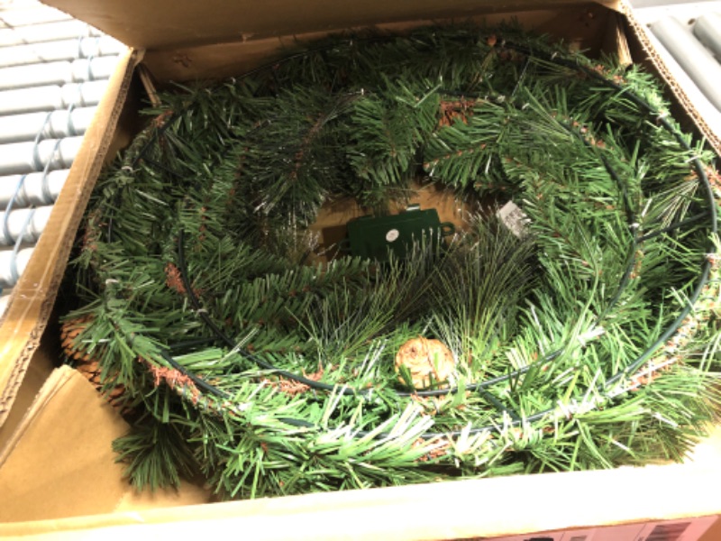 Photo 2 of National Tree Company Pre-Lit Artificial Christmas Wreath, Green, Crestwood Spruce, White Lights, Decorated with Pine Cones, Berry Clusters, Frosted Branches, Christmas Collection, 24 Inches Crestwood Spruce - 24 inch Battery Operated Wreath