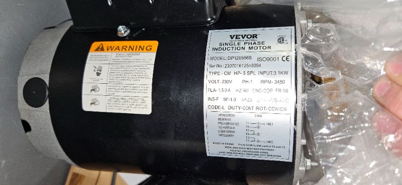 Photo 5 of (SEE NOTES) VEVOR 5HP Air Compressor Electric Motor, 230V 22 Amps, 56HZ Frame 3450RPM, 7/8" Keyed Shaft, CW/CCW Rotation, 2.25" Shaft Length for Air Compressors