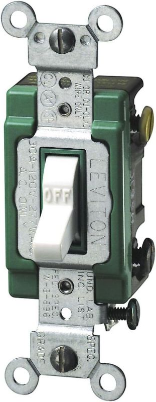 Photo 1 of Leviton 3032-2W 30 Amp, 120/277 Volt, Toggle Double-Pole AC Quiet Switch, Extra Heavy Duty Spec Grade, Self Grounding, Back and Side Wired, White
