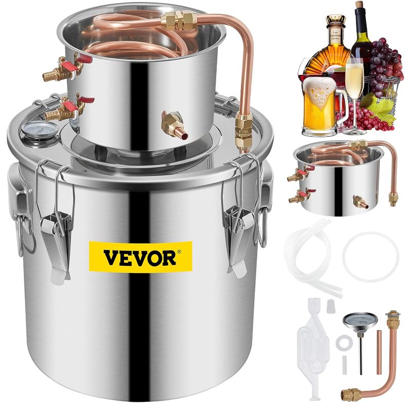 Photo 1 of 3 Gal. Alcohol Still Stainless Steel Water Alcohol Distiller Copper Tube Home Brewing Kit Build-in Thermometer, Silver
