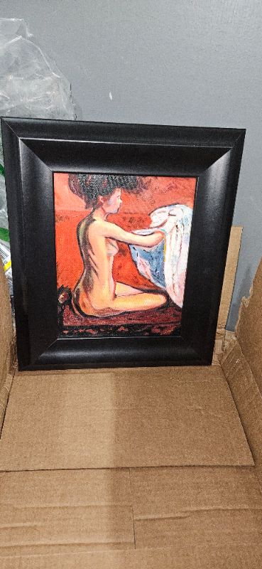 Photo 1 of 12x15" Antique Painting of a Woman Getting Dressed (or Folding Laundry), Black Frame, Vintage/Rustic Aesthetic