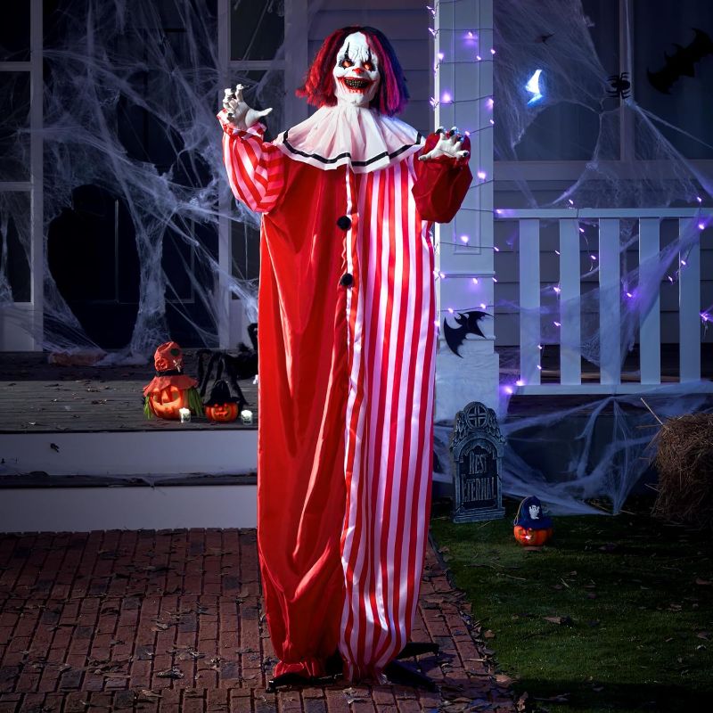 Photo 1 of (SEE NOTES/PHOTOS/POLKA DOTTED NOT STRIPED) JOYIN 68" Halloween Scary Clown Decoration, Creepy Standing Clown Prop with LED Eyes and Sound (Sound Activation) for Halloween Outdoor, Lawn, Yard, Patio, Halloween Haunted House Decorations