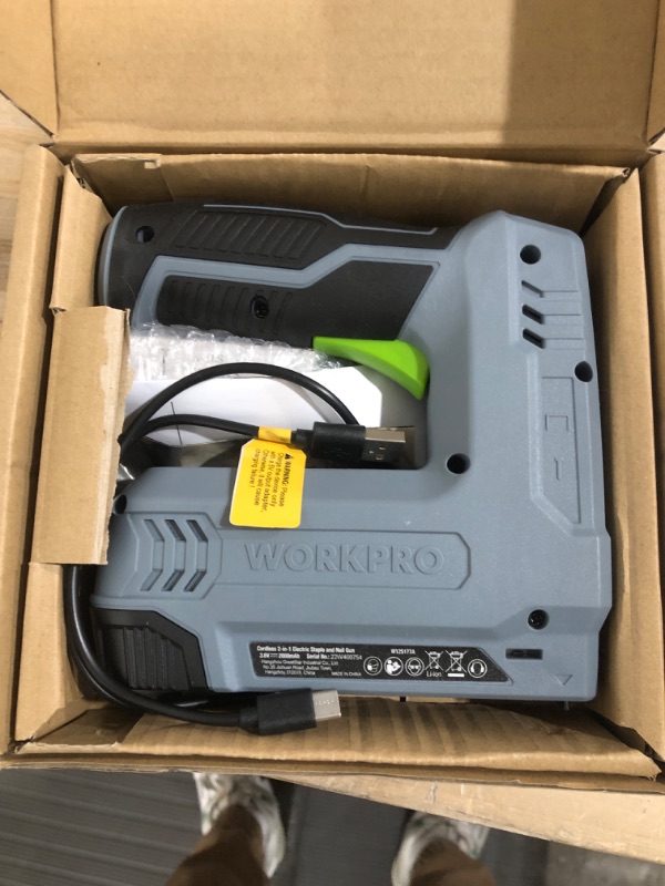 Photo 2 of WORKPRO 3.6V Power Electric Cordless 2-in-1 Staple and Nail Gun, 2.0Ah Battery Powered Stapler for Upholstery, Carpentry, Crafts, DIY, Including USB Charger Cable, 2000PCS of Staples and Nails, Grey Gray