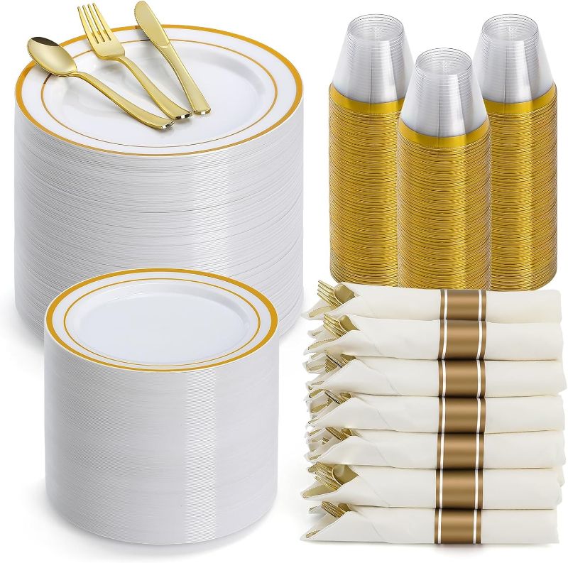 Photo 1 of 420pcs Gold Dinnerware Set for 60 Guest, Includes Plastic Plates, Salad Plates, Pre Rolled Napkins with Gold Silverware Set and Plastic Cups - Disposable Plastic Cutlery Set for Party Wedding Birthday
