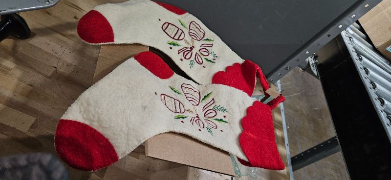 Photo 2 of (2PK) Creative Co-Op Handmade Wool Felt Stocking with Embroidered Bells and Red Scalloped Trim, Multicolor, Multi