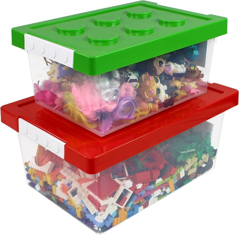 Photo 1 of (SEE NOTES) Bins & Things Toy Organizers and Storage Set of 2 large  Stackable Lego Organizer Bins,  Yellow & Red Lego Design Storage Transparent Container 8x12x6" 