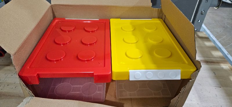 Photo 2 of (SEE NOTES) Bins & Things Toy Organizers and Storage Set of 2 large  Stackable Lego Organizer Bins,  Yellow & Red Lego Design Storage Transparent Container 8x12x6" 