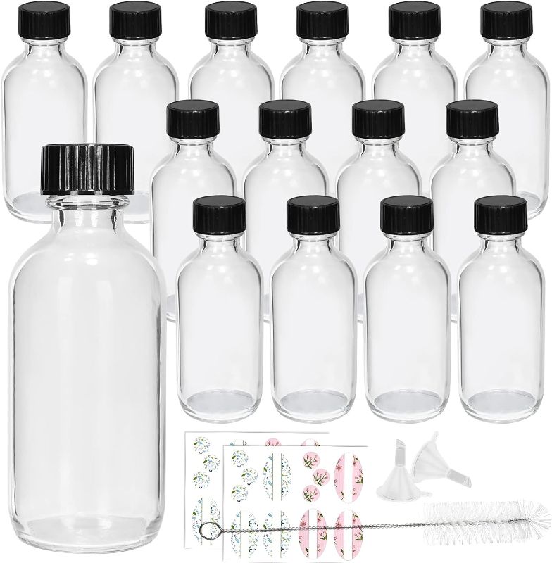 Photo 1 of 15 Pack Glass Clear Boston Bottles with Black Poly Cone Cap, 2 oz Round Glass Bottle for Essential Oil, Perfume and Liquid, Contains 24 Colored Labels, 2 Funnels, 1 Brush
