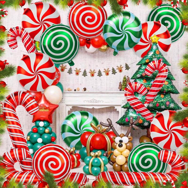 Photo 1 of 36 Pcs Christmas Candy Balloons Kit, Large Cane Swirl Candy Foil Balloons with 2 Pcs Ribbons, Red Green Mylar Sweet Candies Theme Balloons for Christmas...
