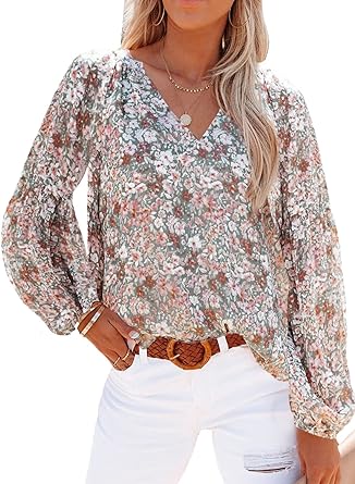 Photo 1 of SHEWIN Women's Casual Boho Floral Print V Neck Long Sleeve Loose Blouses Shirts Tops SMALL 
