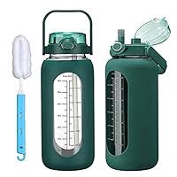 Photo 1 of 52oz Glass Water Bolttles with Straw Half Gallon Large Motivational Water Bottle with Time Marker Sports Water Bottles with Silicone Sleeve and Handle Lid Water Jug for Gym Workout
