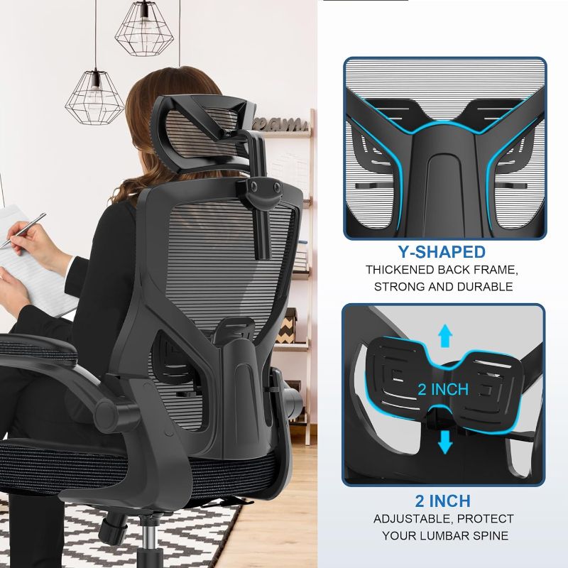 Photo 1 of ???? ?????? ?????, Ergonomic Mesh Desk Chair, High Back Computer Chair- Adjustable Headrest with Flip-Up Arms, Lumbar Support, Swivel Executive Task Chair (Modern, Black)