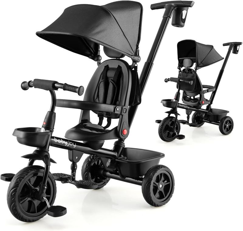 Photo 1 of BABY JOY Tricycle, 4 in 1 Toddler Bike W/Removable Push Handle, Reversible Seat, Foldable Footrest, All-Terrain EVA Wheel, Adjustable Canopy, Ideal for Kids 12-60 Months, Tricycle for Toddler (Black)
