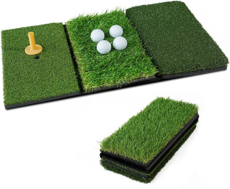 Photo 1 of COOLMOON Tri-Turf Golf Hitting Mat, 3-in-1 Foldable Golf Practice Mat for Indoor and Outdoor, Heavy Duty Rubber Backing Golf Mat for Driving, Chipping and Putting Training with Rubber Tee Holder
