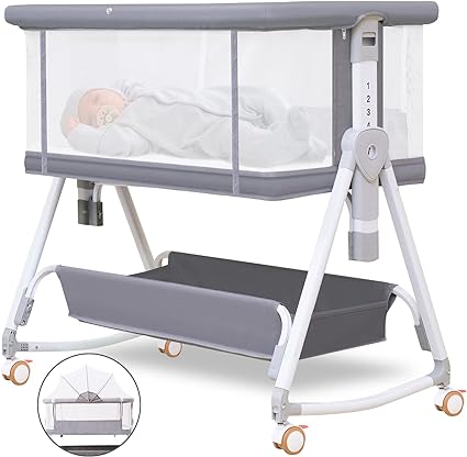 Photo 1 of MEICHYUN Baby Bassinet Bedside Sleeper for Baby with Wheels and Storage Basket,All Mesh Portable Bedside Bassinet for Newborn,7 Height Adjustable Easy to Assemble Bedside Crib?3 in 1?Grey?