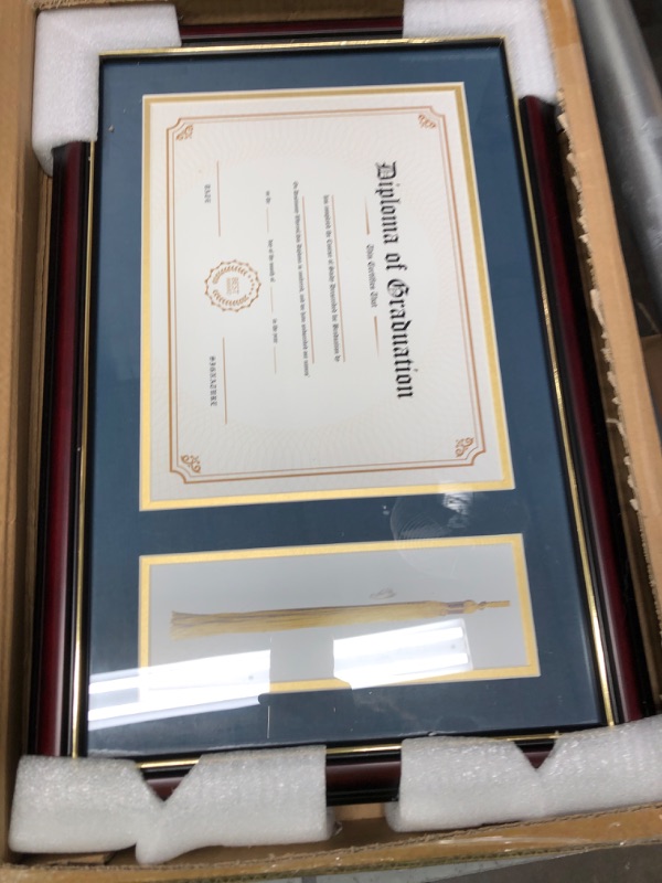 Photo 2 of GraduationMall 11x17 Cherry Wood Diploma Frame with Tassel Holder for 8.5x11 Certificate Document,Real Glass,Navy Blue Over Gold Mat
