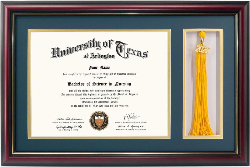 Photo 1 of GraduationMall 11x17 Cherry Wood Diploma Frame with Tassel Holder for 8.5x11 Certificate Document,Real Glass,Navy Blue Over Gold Mat
