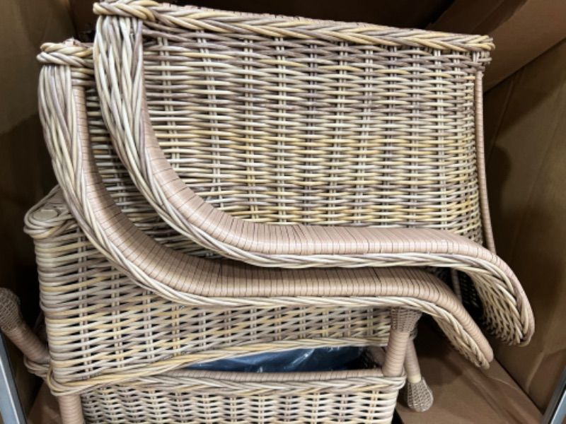 Photo 1 of allen + roth Serena Park Set of 2 Wicker Light Brown Steel Frame Stationary Dining Chair(s) with Blue Cushioned Seat
