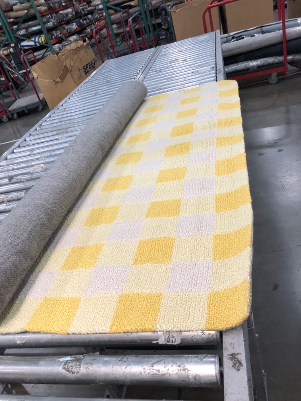 Photo 1 of 5' x 6' yellow and white checkered area rug 