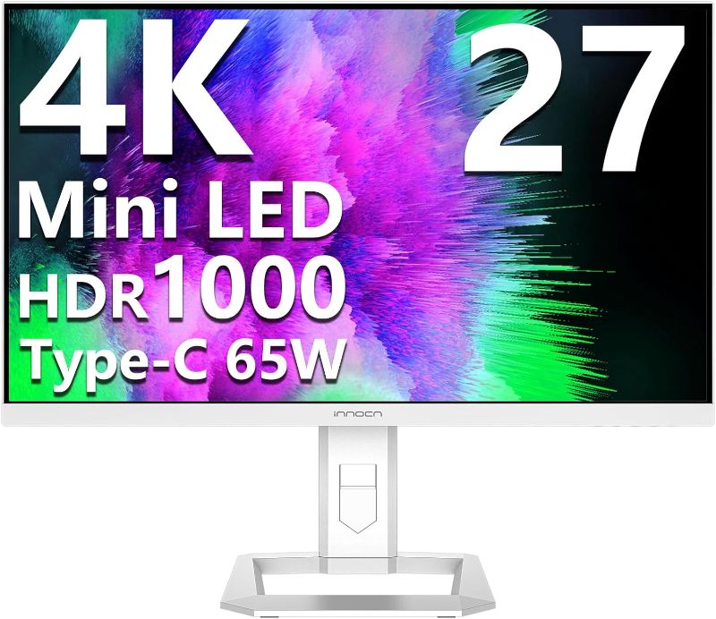 Photo 1 of INNOCN 27" Mini LED 4K Monitor, HDR1000, 99% DCI-P3 99% sRGB, 1.07B Colors, IPS, USB-C, HDMI 2.1, DP, Speakers, Auto Brightness, Height Adjustable, Mountable, White
