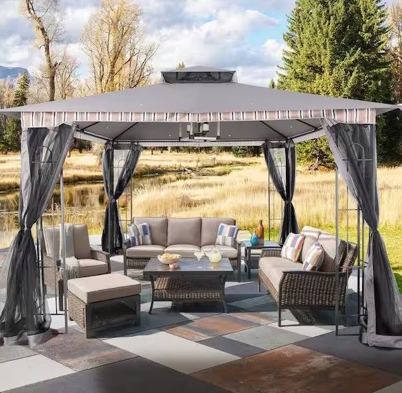 Photo 1 of 13 ft. x 11 ft. Gray Steel Outdoor Patio Gazebo with Mosquito Netting
