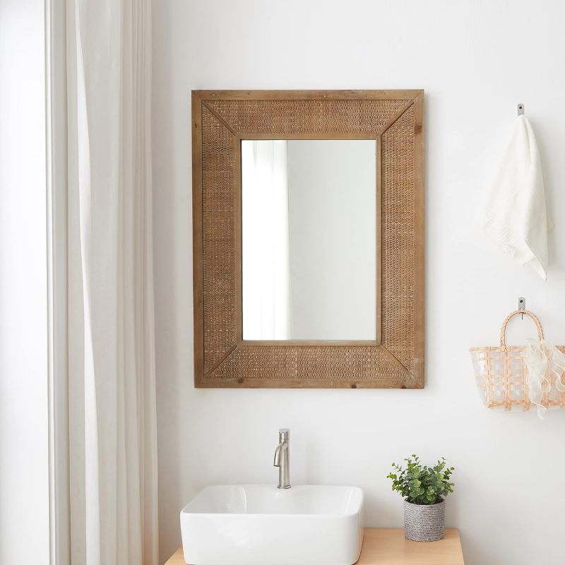 Photo 1 of 35 X 28 Inch Rectangle Rattan Wall Mirror with Wooden Framed, Vanity Bathroom Decor Mirror, Fit for Farmhouse, Bedroom, Living Room, Entryway
