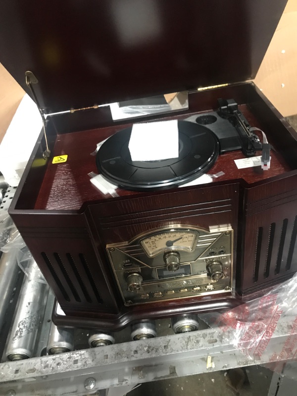 Photo 1 of ClearClick All-in-One Turntable with 3-Speed Record Player, Bluetooth, CD, Cassette Tape, AM/FM Radio, Aux, USB, Built-in Speakers, Handmade Wooden Exterior
