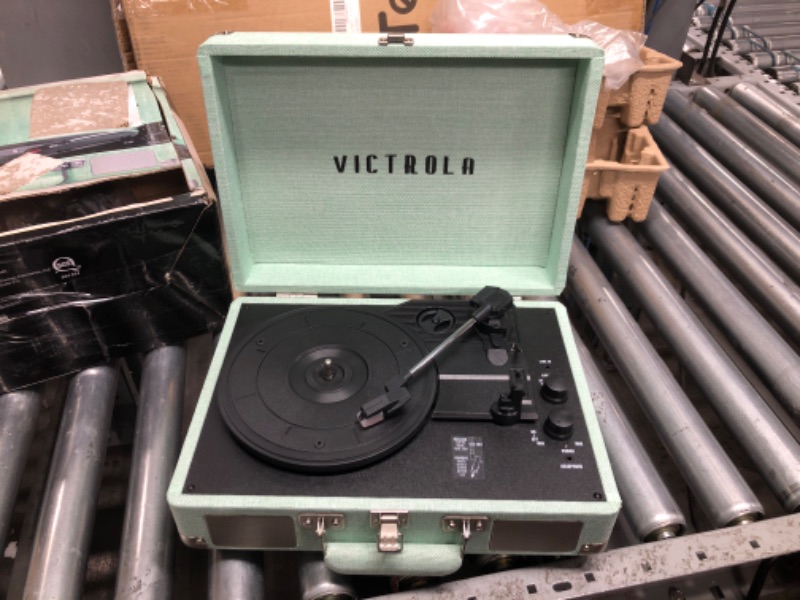 Photo 2 of Victrola Vintage 3-Speed Bluetooth Portable Suitcase Record Player with Built-in Speakers | Upgraded Turntable Audio Sound| Includes Extra Stylus | Light Mint Green Linen