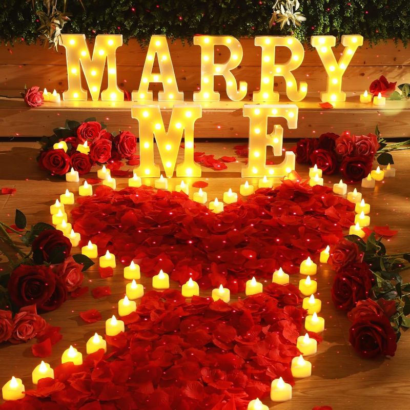 Photo 1 of 4080 Pcs Marry Me Sign Proposal Decorations Lighted Marry Me Letters with 24 Pcs Romantic Heart Candles 4000 Pcs Rose Petals USB Romantic Night Light for Valentine Engagement Wedding Decor (Red)