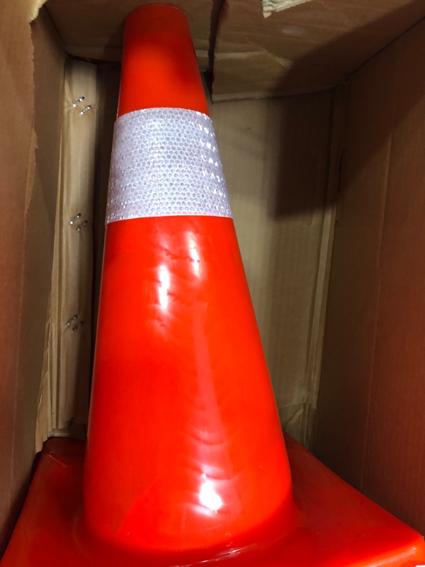 Photo 2 of 12 Pack 18" Traffic Cones PVC Safety Road Parking Cones Weighted Hazard Cones Construction Cones for Traffic Fluorescent Orange w/4" Reflective Strips Collar Safety Signs (12)