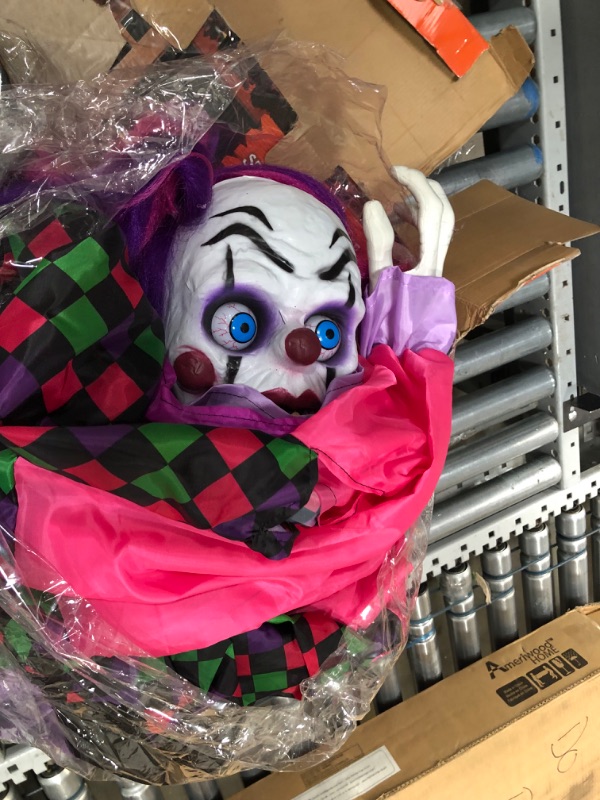 Photo 2 of (Touch and Sound Activated) 64" Animated Clown Halloween Decorations, Halloween Animatronics Clown Decor, Motion Activated Halloween Outdoor Decorations, Spooky Sound, Moving Arm, Red Light Up Eyes