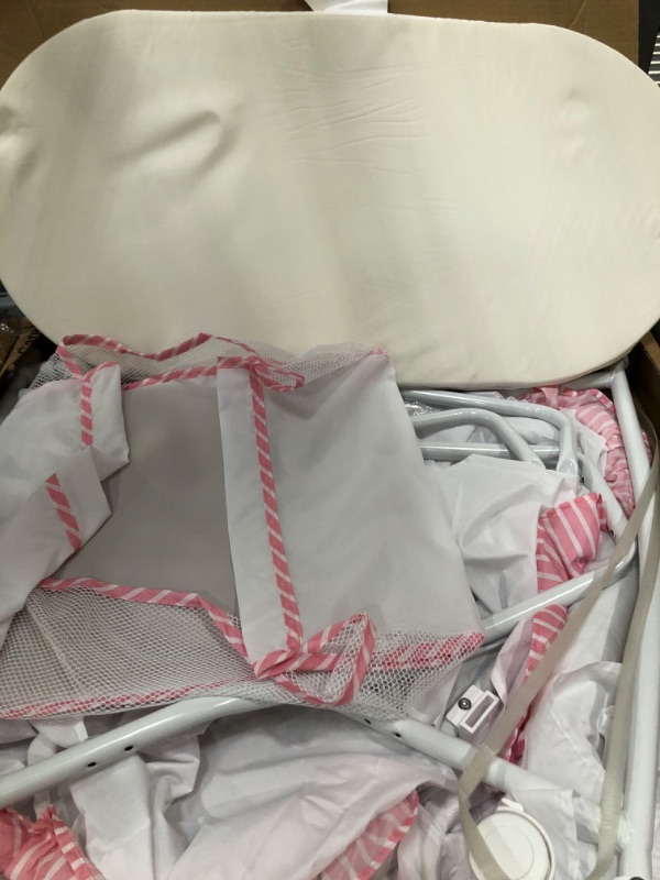 Photo 2 of Dream On Me Lacy Portable 2-in-1 Bassinet & Cradle in Pink and White, Lightweight Baby Bassinet with Storage Basket, Adjustable and Removable Canopy Pink/White