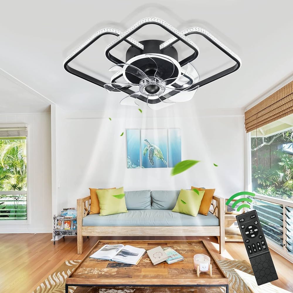 Photo 1 of 27" Ceiling Fans with Remote Control, Lights Dimmable LED Reversible Blades Timing 3 Lighting Color 6 Speed Smart Pendant Light for Bedroom Living Room Decoration Black