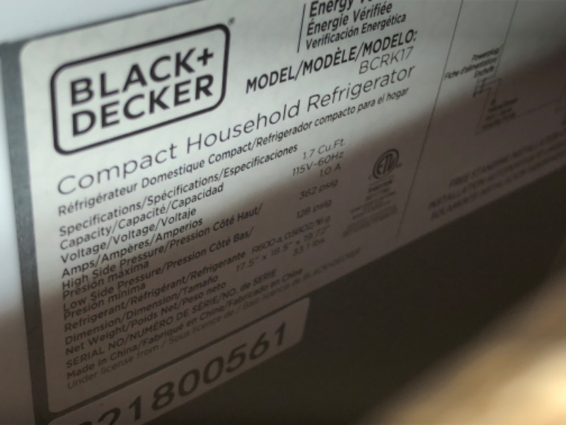 Photo 3 of BLACK+DECKER BCRK17W Compact Refrigerator Energy Star Single Door Mini Fridge with Freezer, 1.7 Cubic Ft., White White Mini Fridge
