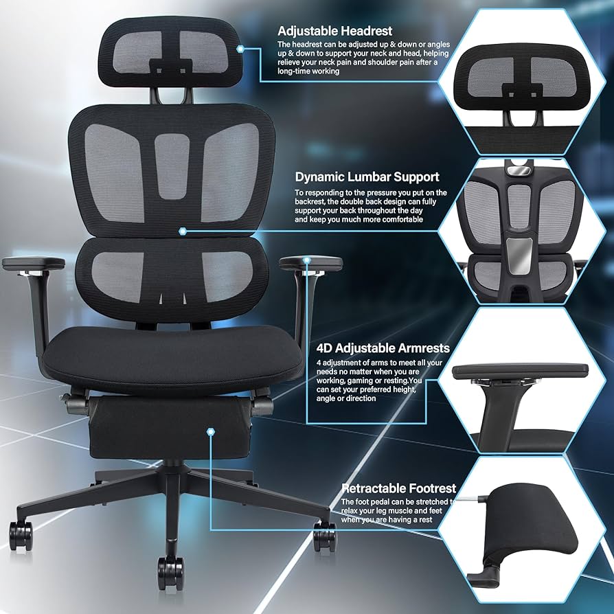 Photo 1 of Ergonomic Mesh Office Chair with Retractable Footrest - High Back Computer Chair, Lumbar Support, 4D Adjustable Armrest and Headrest, Durable Base - Multifunctional Home Office Desk Chair for Adults