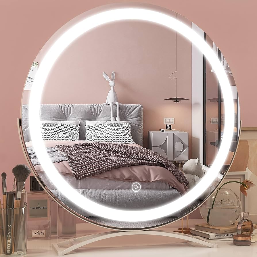 Photo 1 of 18 Inch Large Makeup Vanity Mirror with Lights, Smart Touch Control, 3-Color Dimmable Round Mirror, 360° Rotation, Tabletop ? Desk Mirror for Makeup Desk, Dressing Room & Bedroom (White)