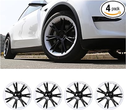 Photo 1 of 19-Inch Gemini Wheel Covers Hubcap for Tesla 2020 2021 2022 Model Y Rims, Replacement Hub Caps (Set of 4, Gloss Black & White)