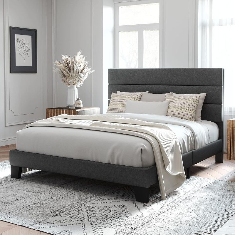 Photo 1 of Allewie Queen Size Platform Bed Frame with Fabric Upholstered Headboard and Wooden Slats Support, Fully Upholstered Mattress Foundation/No Box Spring Needed/Easy Assembly, Dark Grey
