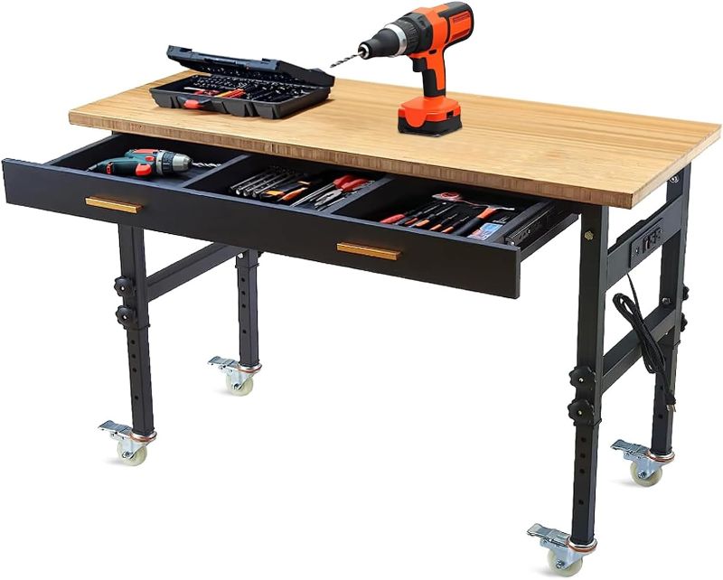 Photo 1 of AHGOKL Work Bench, 59" Workbench with Drawers?Adjustable Height 27.9"-39.5" Bamboo Wood Work Table,2700LBS Load Heavy Duty Capacity WorkBenches with Power Outlets and on Wheels for Garage,Home Office
