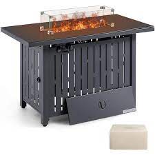 Photo 1 of 43 in. Black Metal Gas Fire Pit Table Outdoor Auto Ignition Patio Gas Firepit with Glass Desktop, Lid and Lava Rock
