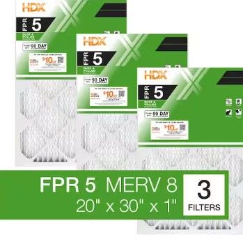 Photo 1 of 20 in. x 30 in. x 1 in. Standard Pleated Furnace Air Filter FPR 5, MERV 8 (3-Pack)
