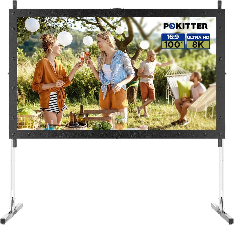 Photo 1 of Projector Screen with Stand, Pokitter 100 inch Outdoor Movie Screen-Upgraded 3 Layers PVC 16:9 Outdoor Projector Screen,Portable Video Projection Screen with Carrying Bag for Home Theater Backyard