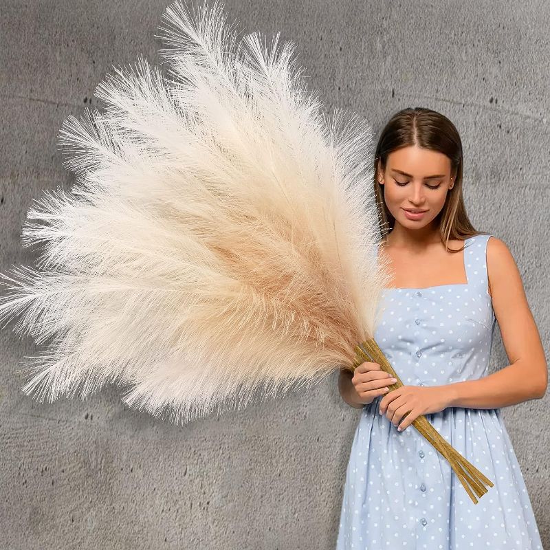 Photo 1 of  Faux Pampas Grass Decor 38"/97cm Tall Artificial Large Pompas Grass Fluffy Bulrush Floral Fake Plants Floor Vase Filler for Home Wedding Party Boho Decorations, Beige Mixed