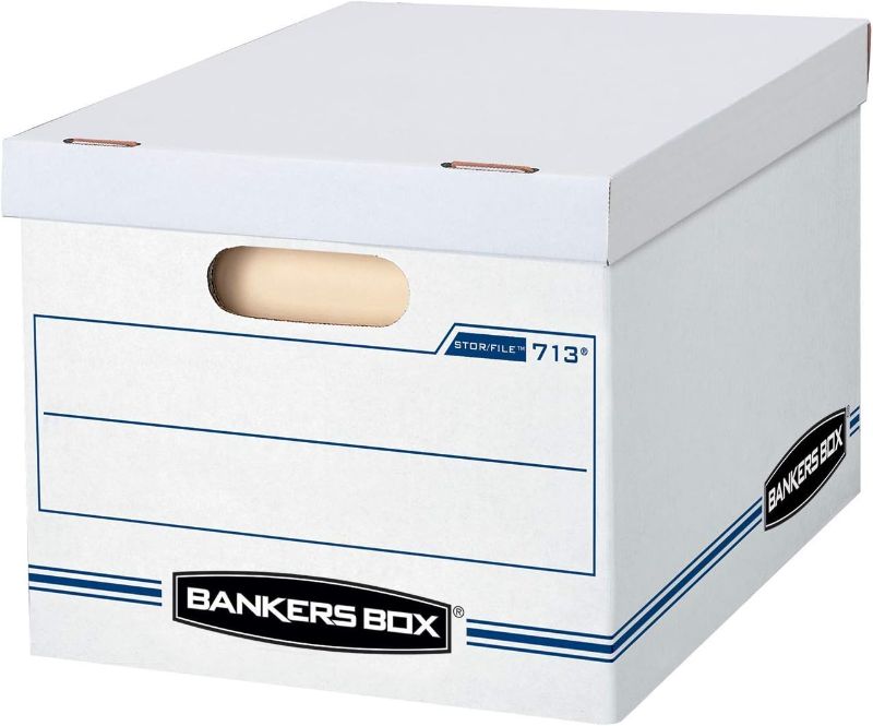 Photo 1 of Bankers Box STOR/FILE Boxes With Lids For File Storage, White/Blue, Letter/Legal, 16.25 x 12.5 x 10.5 In, 6 Pack (0071304)
