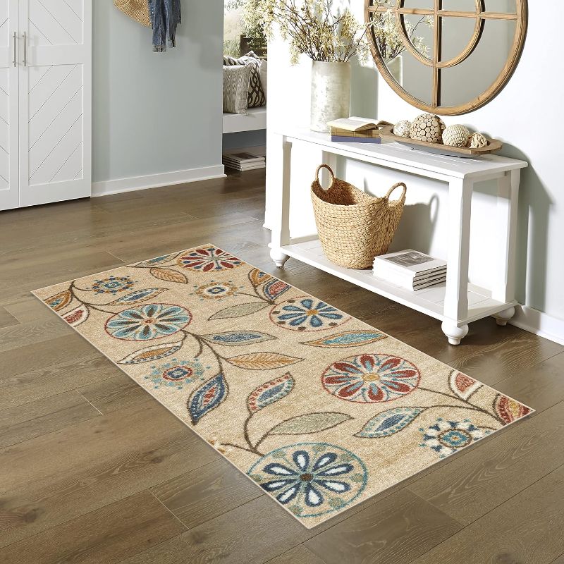 Photo 1 of 2'6 x 6'  Maples Rugs Reggie Floral Runner Rug Non Skid Washable Hallway Entry Carpet [Made in USA], Beige, 2'6" x 6'
