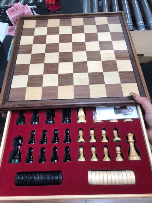 Photo 2 of A&A 15 inch Walnut Wooden Chess Sets w/ Storage Drawer / Triple Weighted Chess Pieces - 3.0 inch King Height/ Walnut Box w/Walnut & Maple Inlay / 2 Extra Queen / Classic 2 in 1 Board Games/ Chess Only Triple Weighted Pieces w/ Walnut Box