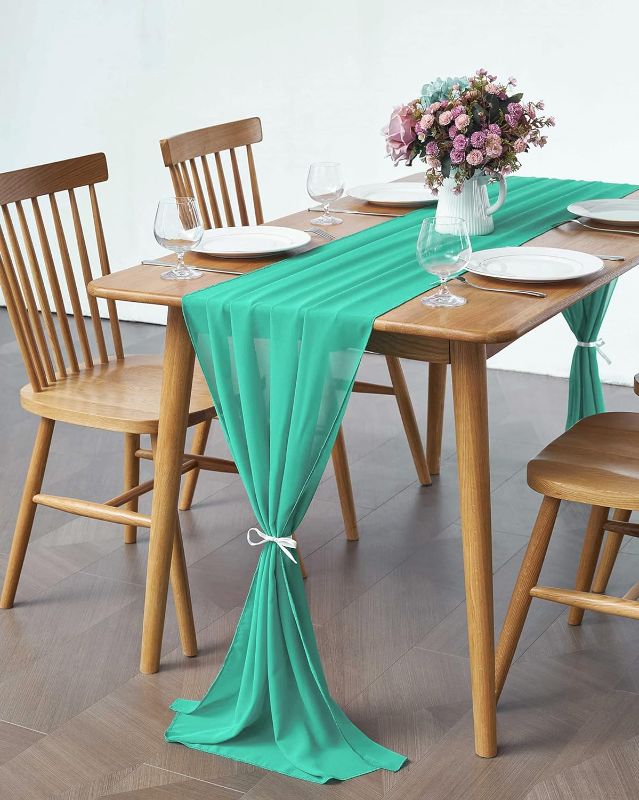 Photo 1 of 10PCS 10ft Table Runner 29x120 Inches Aqua Sheer Chiffon Table Runner for Romantic Wedding Decorations, Party, Bridal Baby Shower, Event Decorations?10PCS, Aqua?