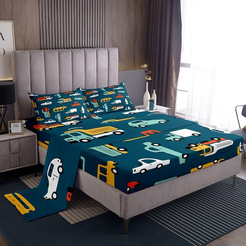 Photo 1 of Cartoon Car Kids Sheet Set Construction Vehicles Bed Sheets Set for Boys Bedroom Cartoon Trucks Decor Sheets with Deep Pocket Fitted Sheet Urban Cars Bedding Set Full Size with 2 Pillow Case